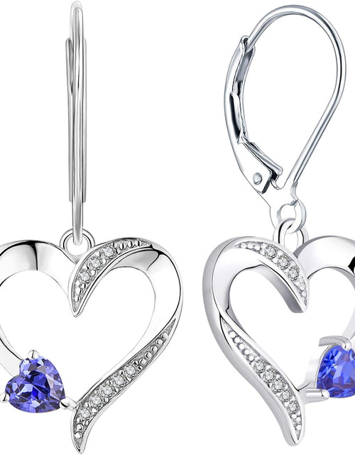 Load image into Gallery viewer, Heart Earrings Sterling Silver Heart Dangle Drop Earrings Sapphire/Emerald/Amethyst/Aquamarine Leverback Jewelry for Women
