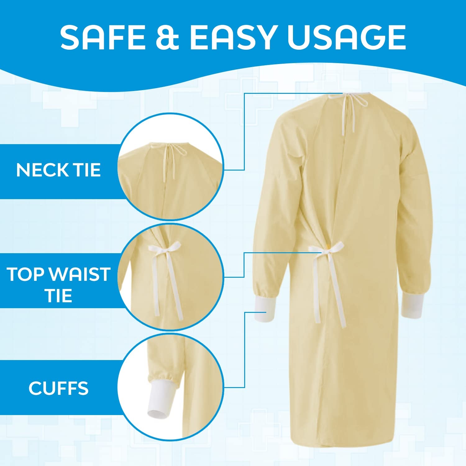 Nobles Reusable Isolation Gowns - Staff Protection for Hospital, Doctor'S Office Yellow Isolation Gowns - Latex-Free Fluid Resistant Isolation Gowns with Knitted Cuffs - 6-Pack