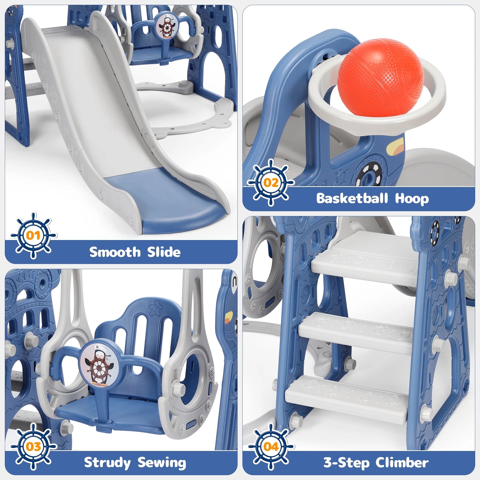 4 in 1 Toddler Swing and Slide Set for Age 1-3 Indoor Playground for Children Baby Swing Set with Slide, Climber, Basketball Hoop and Long Slide for Boys and Girls-Blue