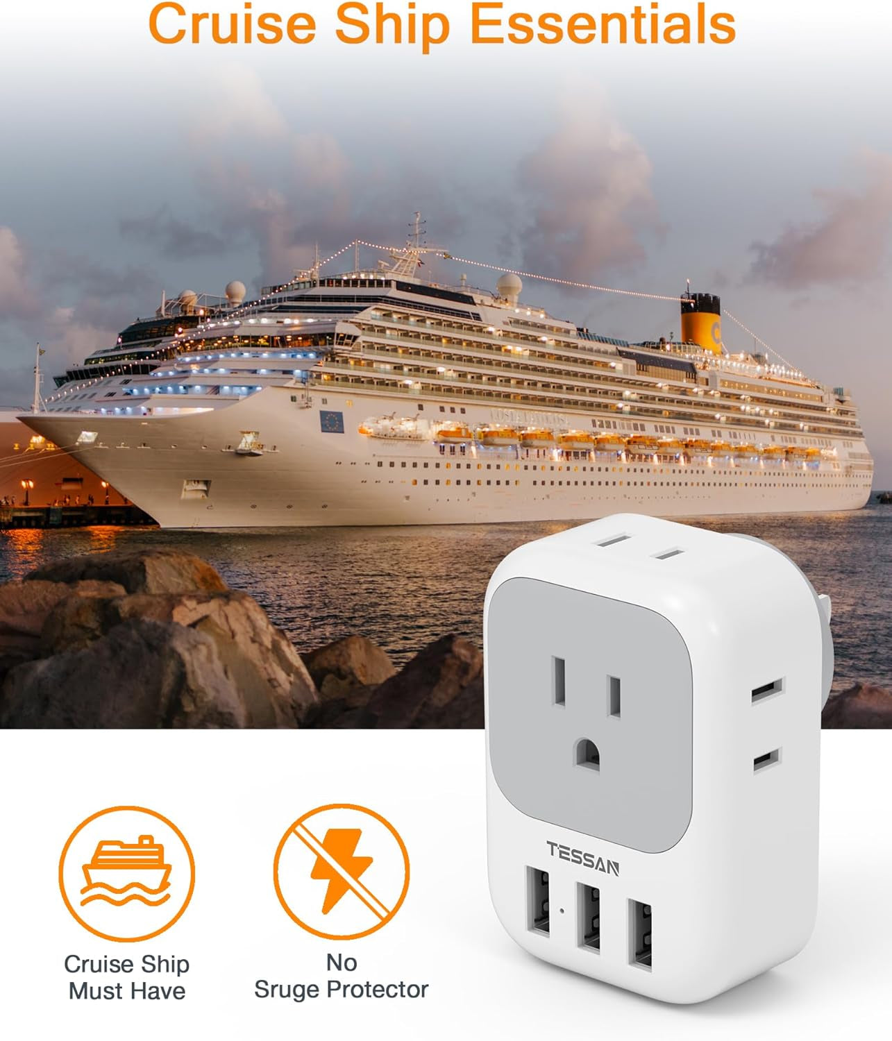 Multi Plug Outlet Extender with USB,  Electrical 4 Box Splitter 3 USB Wall Charger, Multiple Charging Station for Cruise, Travel, Office, Dorm Essentials