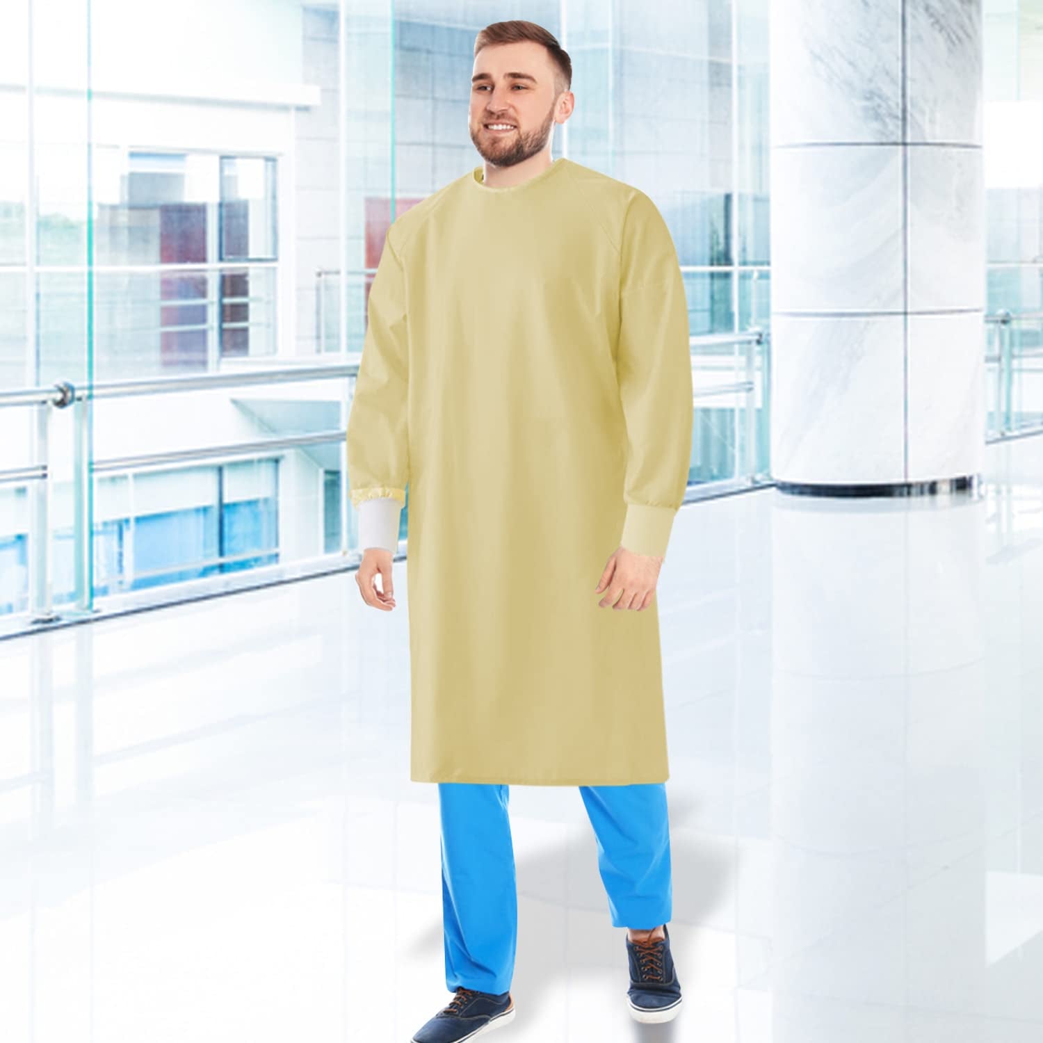 Nobles Reusable Isolation Gowns - Staff Protection for Hospital, Doctor'S Office Yellow Isolation Gowns - Latex-Free Fluid Resistant Isolation Gowns with Knitted Cuffs - 6-Pack