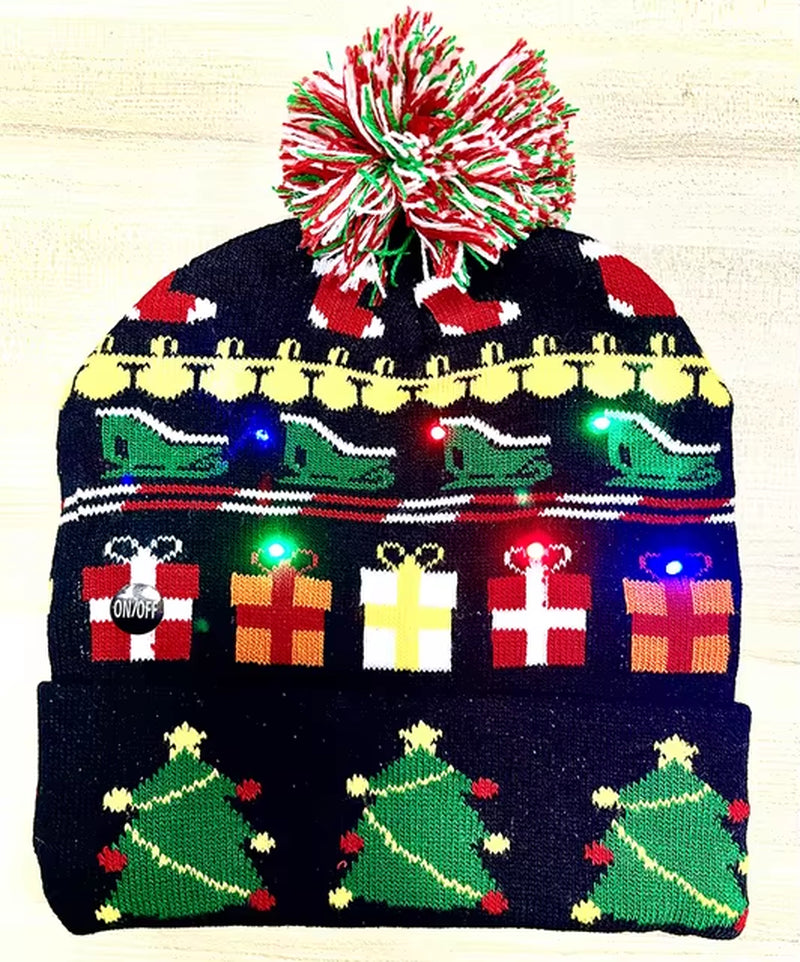 New Style! LED Christmas Hat Beanie Light up Illuminate Warm Hat 48 Patterns New Year Snowman Sweater Hat Christmas Decorations